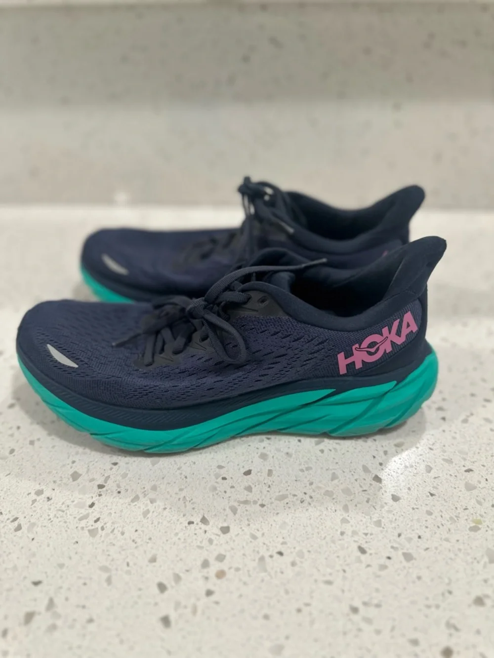 Hoka Women's Navy Blue Teal Running Shoes with Pink Logo - Picture 3 of 15